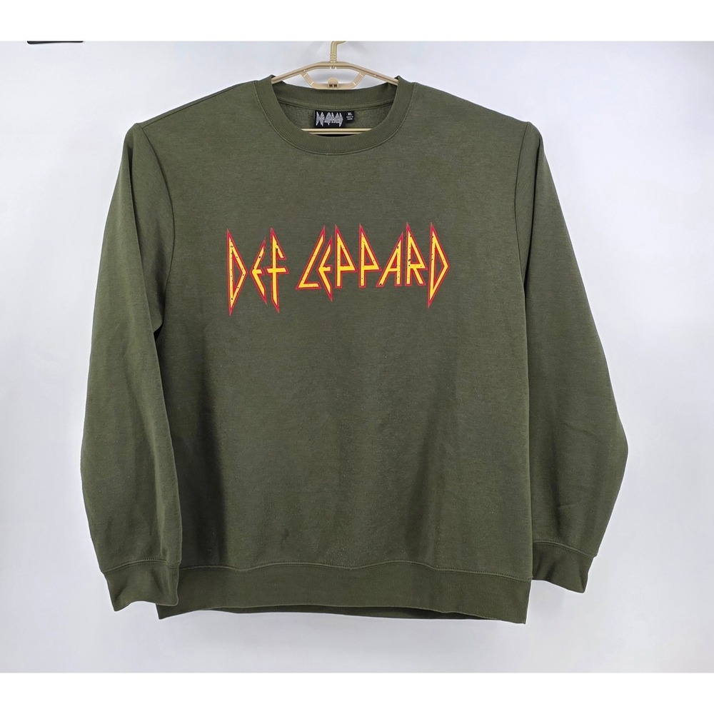 Def Leppard Mens XL Green Vintage Style Band Graphic Sweatshirt Rock Metal Logo